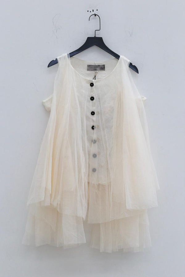 MUTEDANCE spliced button-down gauze top handmade MD-MD23SS39-HRB flower-dyed white